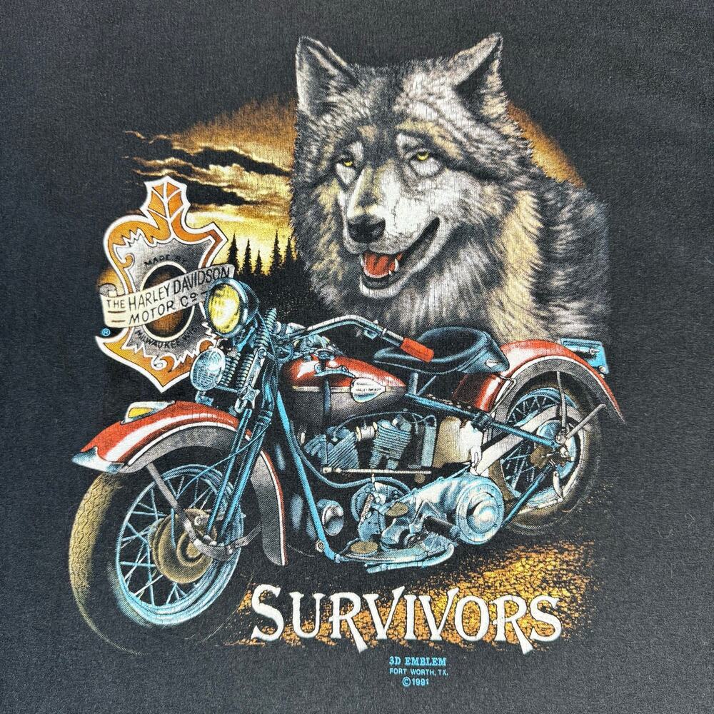 Vintage 1991 Harley Davidson Survivors Wolf 3D Single Stitch Made in USA Size L - Picture 3 of 5